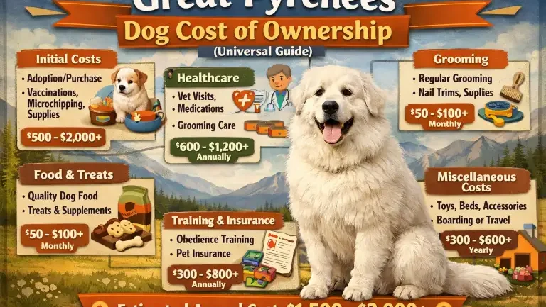 Great Pyrenees with cost icons showing food, vet, and grooming