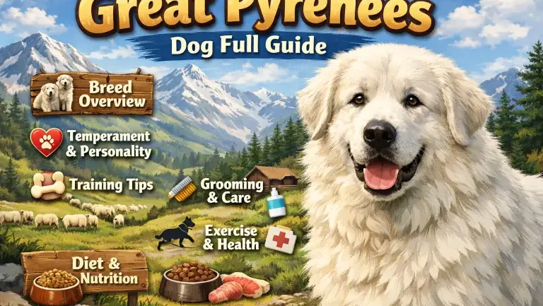 : Great Pyrenees dog standing in a field showing thick white coat