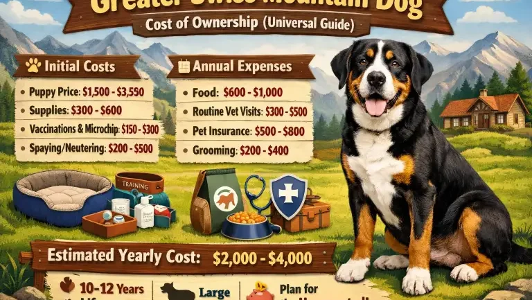 Greater Swiss Mountain Dog with icons showing yearly ownership costs