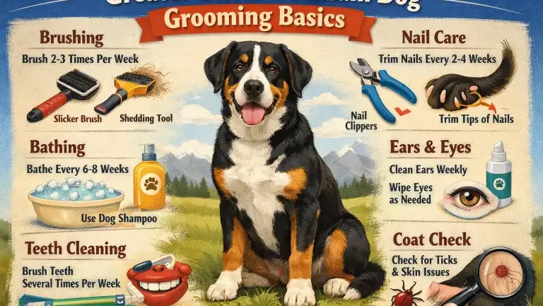 Greater Swiss Mountain Dog being brushed showing short double coat
