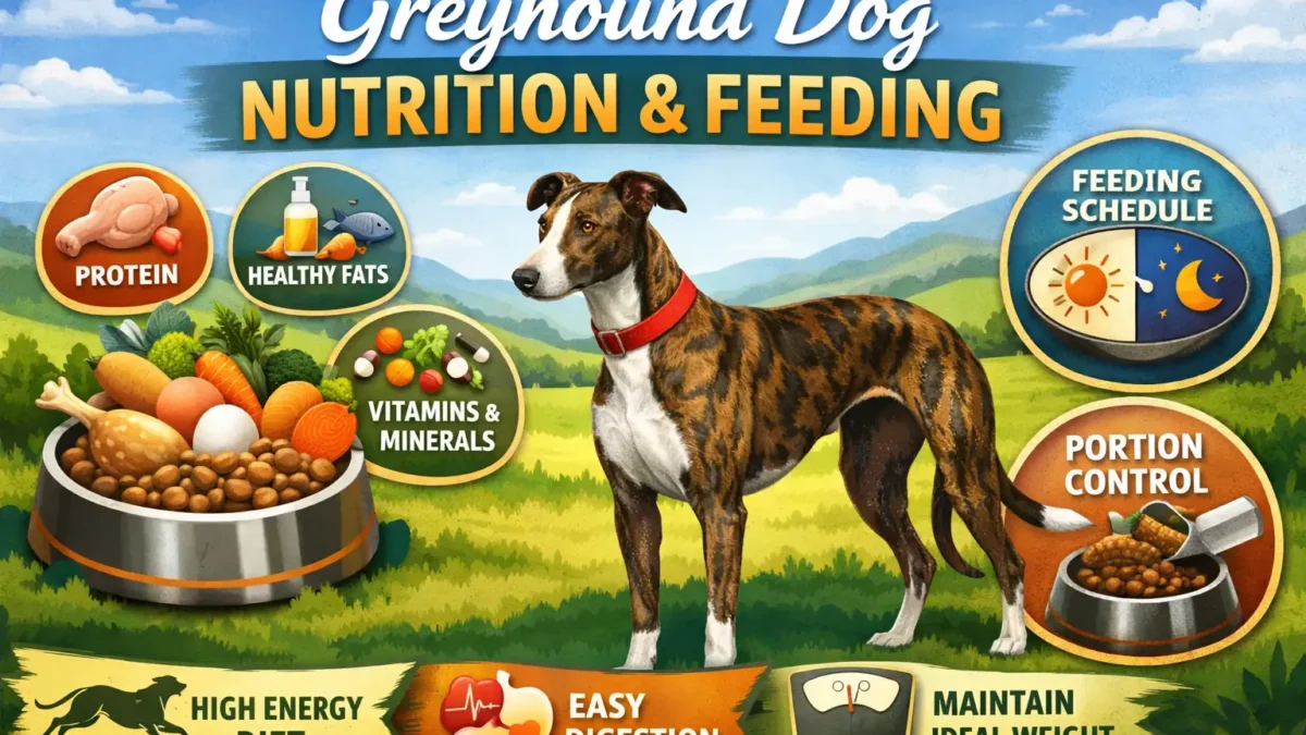 Adult Greyhound standing alert, showing lean muscle and healthy coat