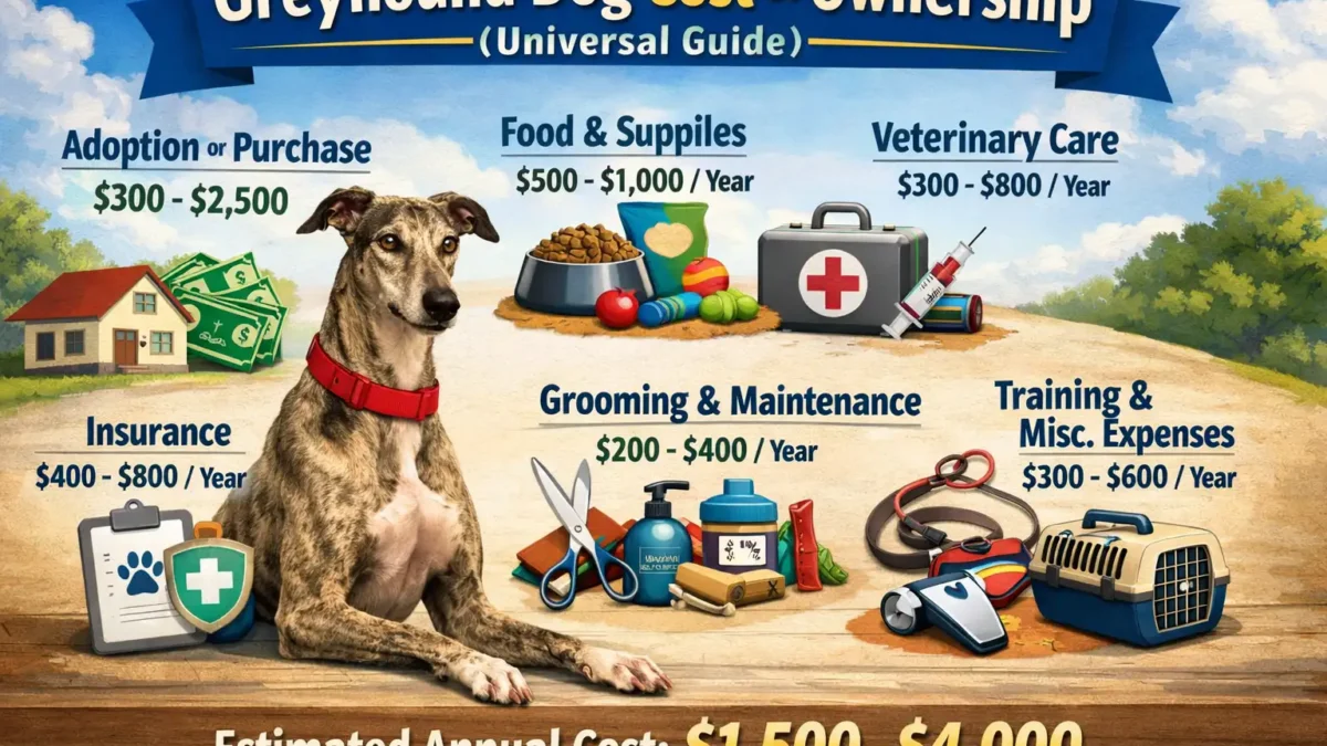 Adult Greyhound standing in a home setting, illustrating the cost of ownership
