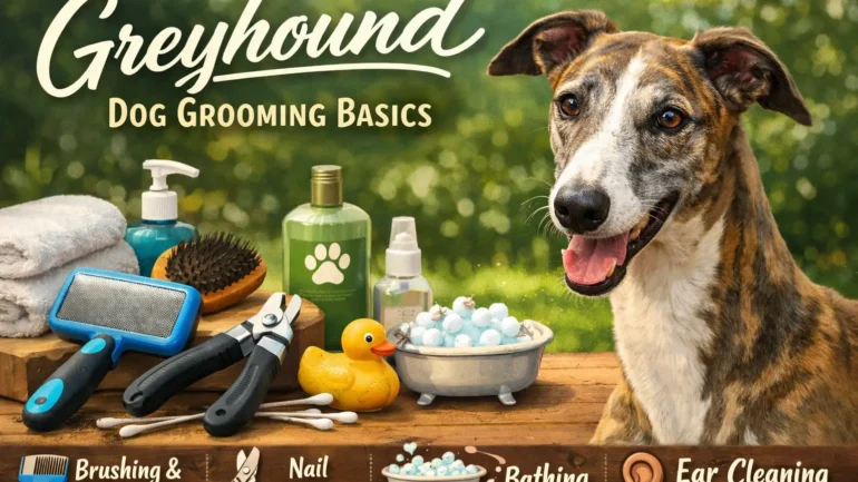 Greyhound grooming basics showing an adult Greyhound with a short coat being gently brushed at home