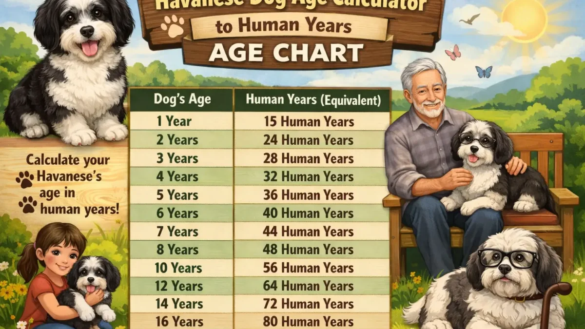 Havanese dog age calculator chart showing age conversions from dog years to human years with life stages.