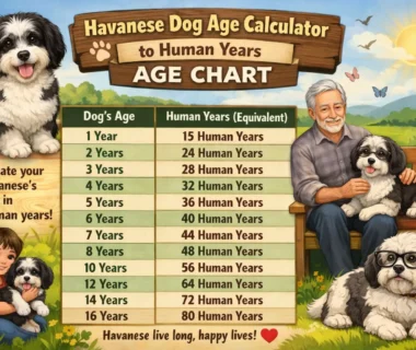 Havanese dog age calculator chart showing age conversions from dog years to human years with life stages.