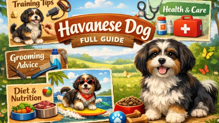 Havanese dog with a long silky coat standing outdoors, showing its small size and friendly expression