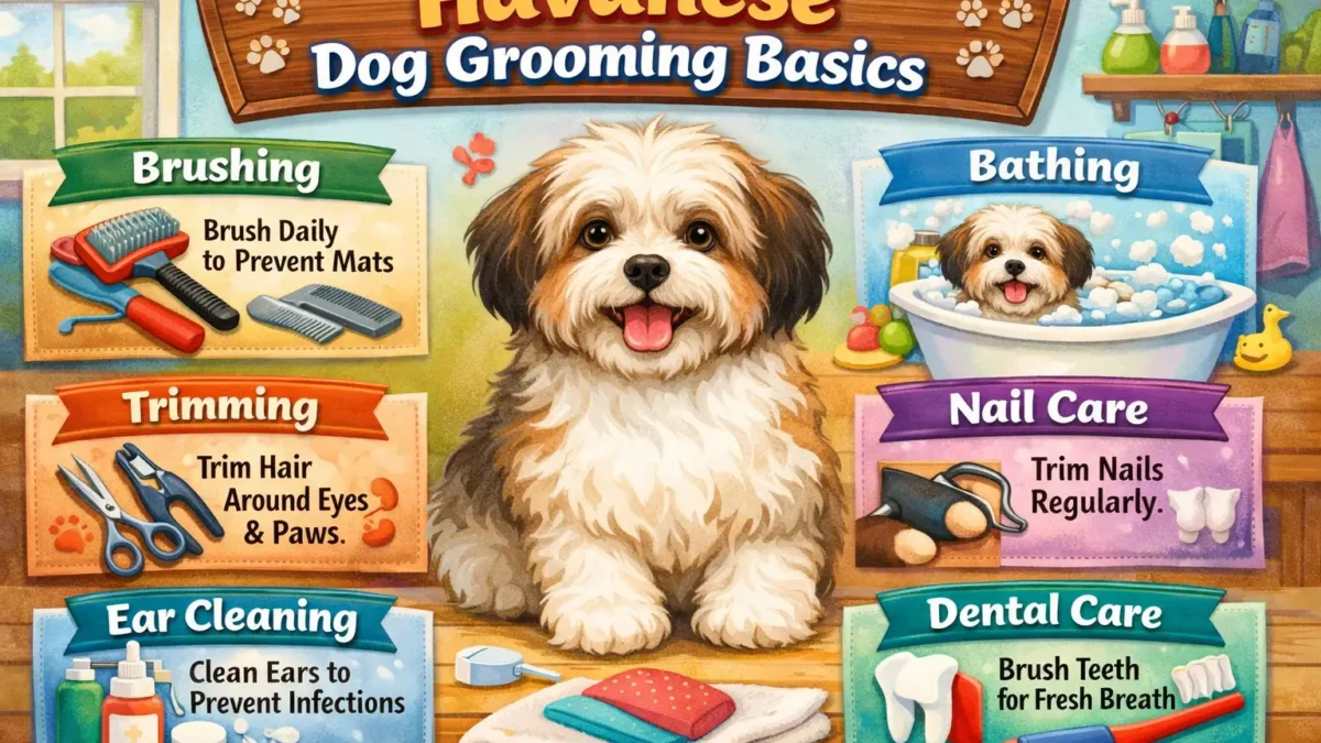 A Havanese dog being groomed, with silky, long hair being brushed. The grooming session helps prevent tangles and mats, ensuring the dog's coat stays healthy and shiny.
