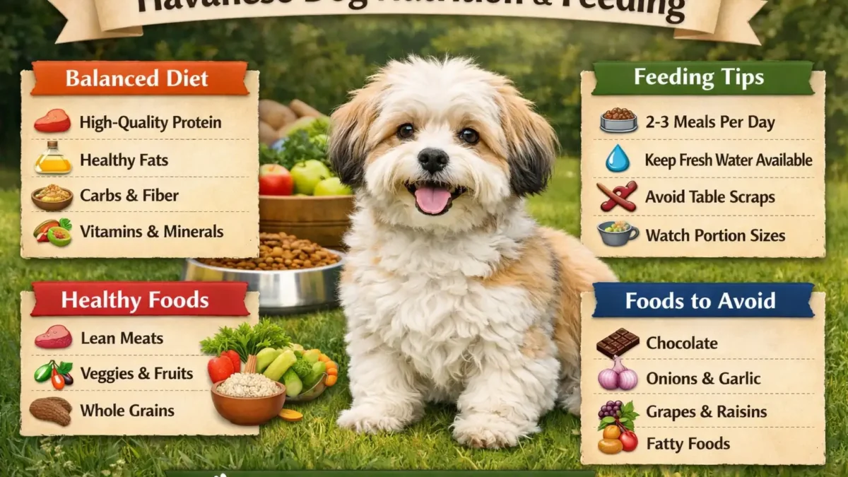 Havanese dog eating healthy food, showing a well-balanced diet to support its coat and energy needs.