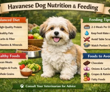 Havanese dog eating healthy food, showing a well-balanced diet to support its coat and energy needs.