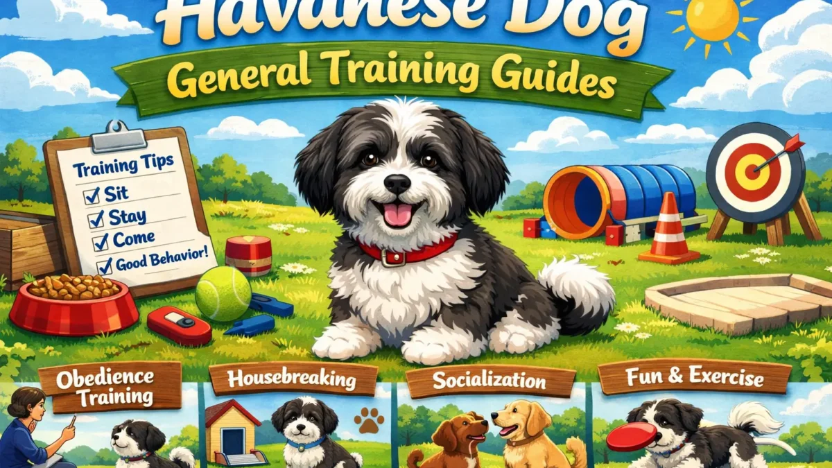 Havanese dog training session with a small fluffy Havanese dog calmly learning basic commands indoors