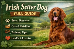 Adult Irish Setter with long flowing red coat standing alert in an open field
