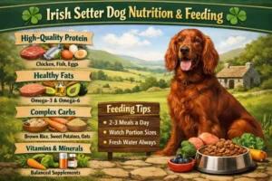 Active Irish Setter eating a meal, showing lean athletic build and long legs