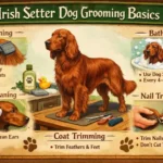 Irish Setter being brushed, highlighting long silky red coat and feathering on legs and tail