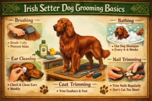 Irish Setter being brushed, highlighting long silky red coat and feathering on legs and tail