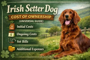 Irish Setter relaxing indoors with grooming tools and food nearby, representing ongoing care expenses