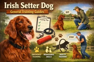 : Irish Setter practicing obedience training outdoors, showing energetic and friendly temperament