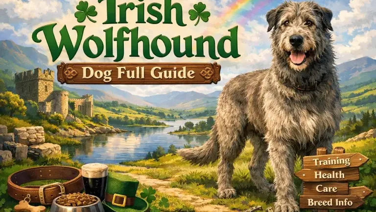 Adult Irish Wolfhound dog standing in a grassy yard showing size and wiry coat