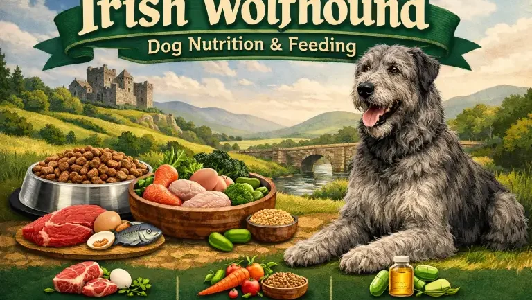 Adult Irish Wolfhound standing in a yard, showing large size and lean body