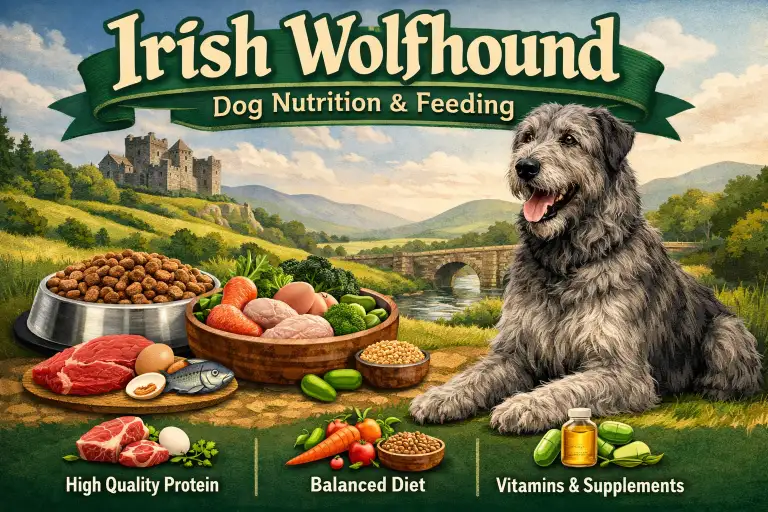 Adult Irish Wolfhound standing in a yard, showing large size and lean body