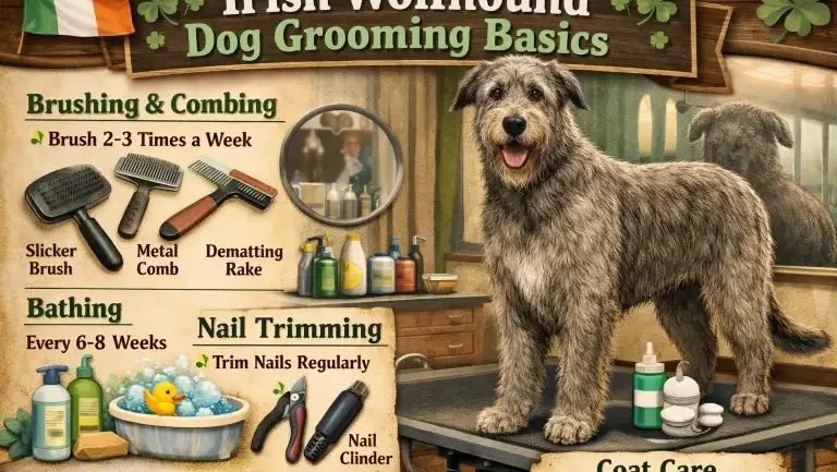 Adult Irish Wolfhound with rough wiry coat being brushed at home