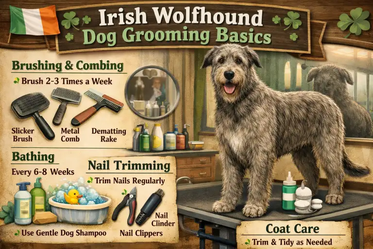 Adult Irish Wolfhound with rough wiry coat being brushed at home