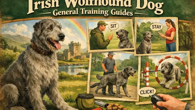 dult Irish Wolfhound standing calmly during a training session