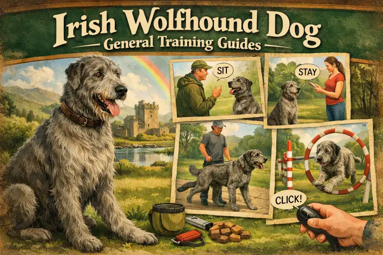 dult Irish Wolfhound standing calmly during a training session