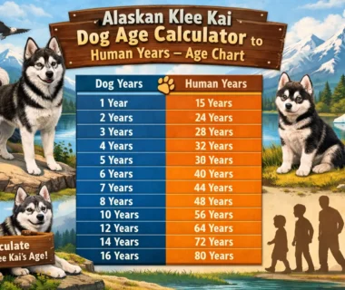 Alaskan Klee Kai standing outdoors, showing its small size and typical black-and-white coat, representing dog age conversion to human years