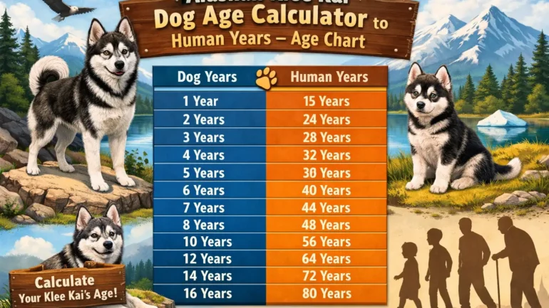 Alaskan Klee Kai standing outdoors, showing its small size and typical black-and-white coat, representing dog age conversion to human years