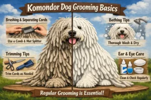 Close-up of a Komondor’s distinctive white corded coat, illustrating unique grooming and coat care needs