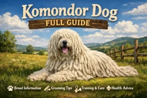 Adult Komondor with a long white corded coat standing guard outdoors, showing its large size and protective nature