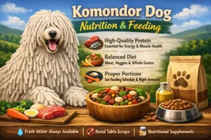 Large Komondor standing near a feeding area, representing nutrition needs for a giant guardian breed