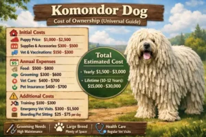 Komondor resting on rural property, highlighting space, care, and long-term ownership responsibilities