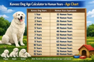 Kuvasz puppy next to an adult Kuvasz to illustrate size difference and life stages