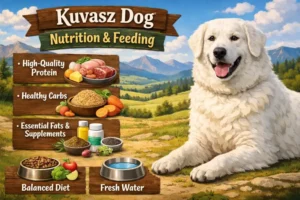 Kuvasz standing near a food bowl, representing proper nutrition for a large, active livestock guardian dog