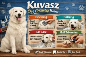 Kuvasz being brushed, highlighting its dense white double coat and natural weather-resistant texture