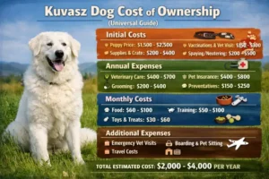 Kuvasz relaxing in a spacious outdoor environment, reflecting care needs, space requirements, and long-term costs