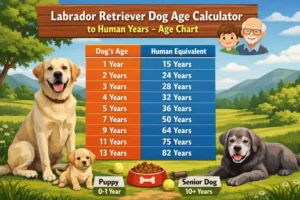 Labrador Retriever puppy sitting beside adult Labrador, showing growth in size and body shape