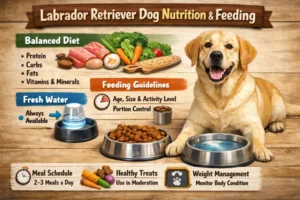 Labrador Retriever eating from a bowl, showing strong build and healthy weight