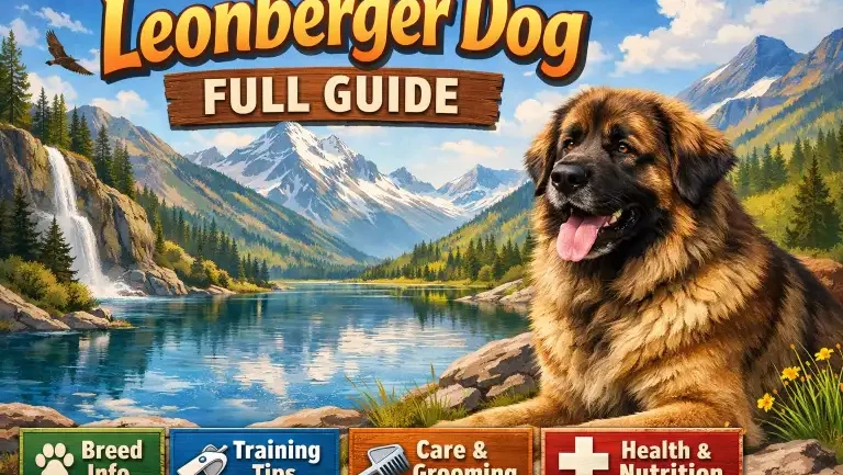 Adult Leonberger dog standing in a yard showing size, thick double coat, and lion-like mane