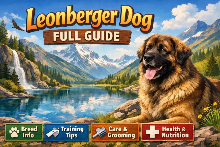 Adult Leonberger dog standing in a yard showing size, thick double coat, and lion-like mane