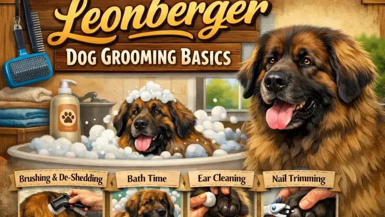 Adult Leonberger with thick double coat being brushed at home