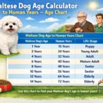 Maltese dog age chart showing Maltese dog years compared to human years by life stage