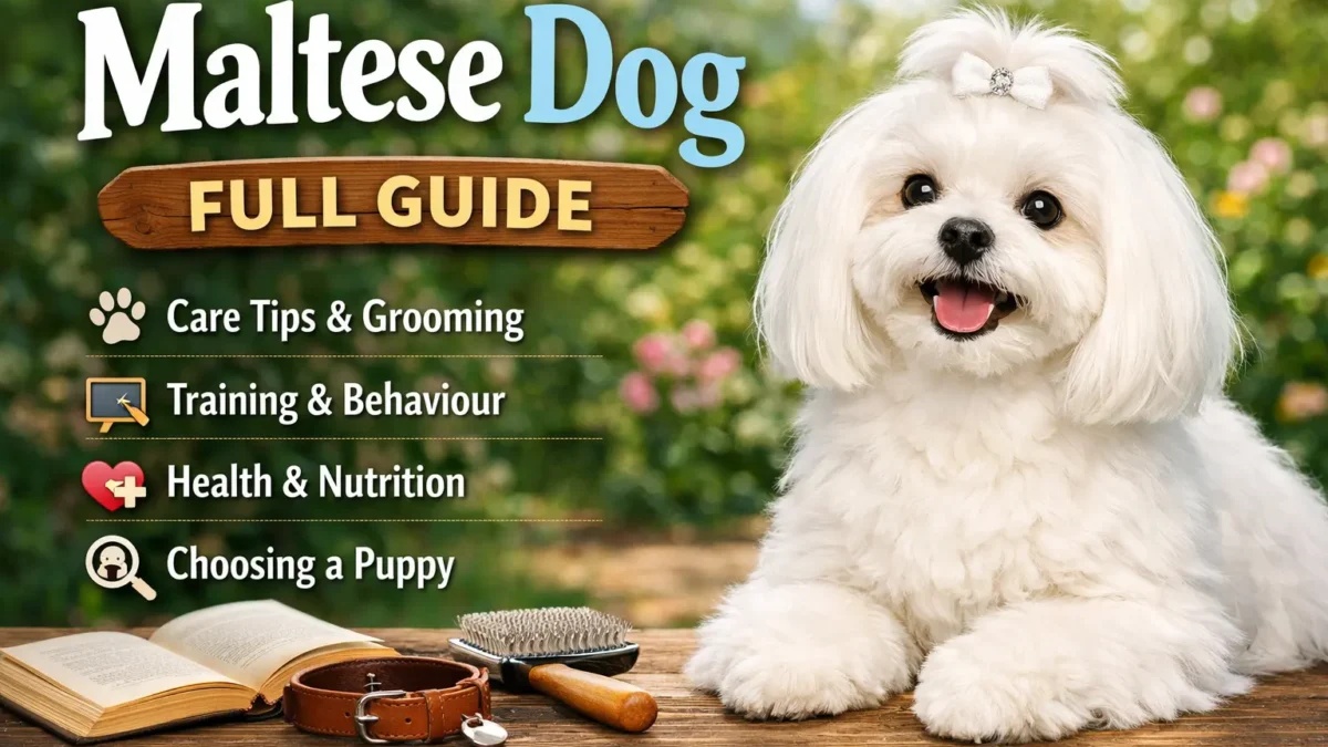 Maltese dog with a long white silky coat standing alert and looking at the camera