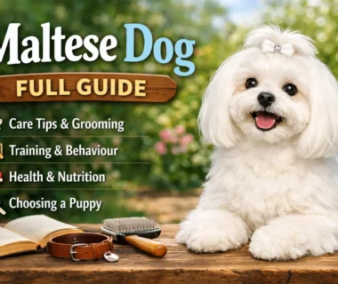 Maltese dog with a long white silky coat standing alert and looking at the camera