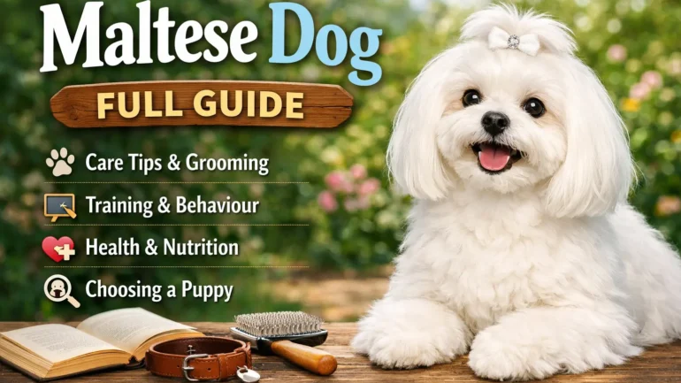 Maltese dog with a long white silky coat standing alert and looking at the camera