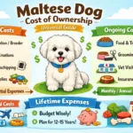 Maltese dog ownership costs guide showing a small white Maltese dog in a home setting