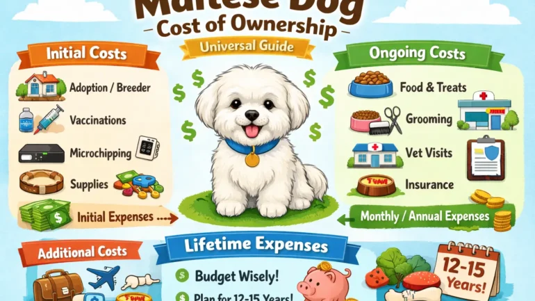 Maltese dog cost of ownership showing a small white Maltese with a long silky coat in a home setting
