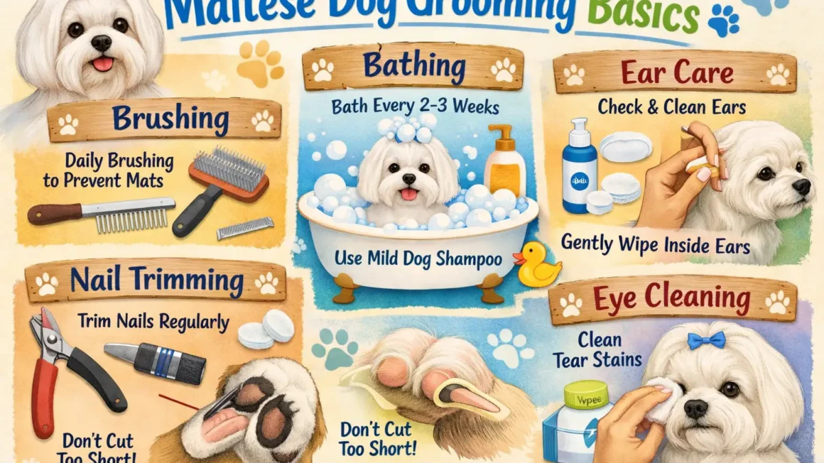 Maltese dog grooming showing a small white Maltese with a clean, brushed coat during a home grooming routine