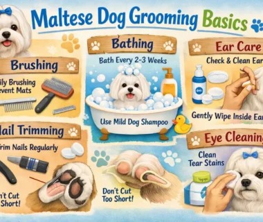 Maltese dog grooming showing a small white Maltese with a clean, brushed coat during a home grooming routine